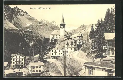 AK Arosa, Ortspartie mit Gasthaus Central und Kirche