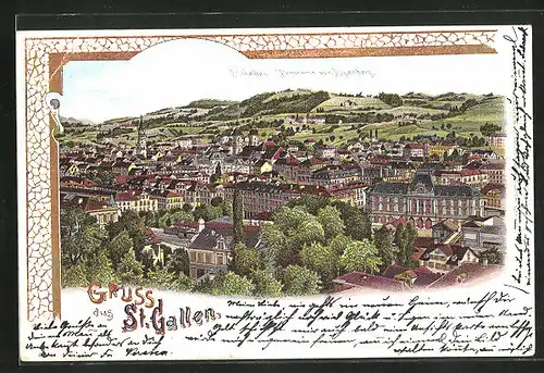 Lithographie St. Gallen, Panorama vom Rosenberg