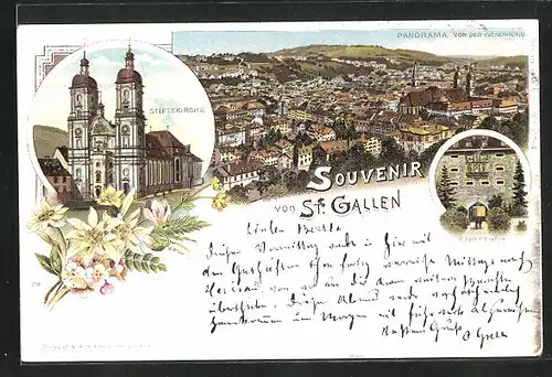 Lithographie St. Gallen, Panorama von der Falkenburg, Stiftskirche, Karlstor