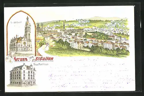 Lithographie St. Gallen, Teilansicht, Neue Postfiliale, Linsenbühl