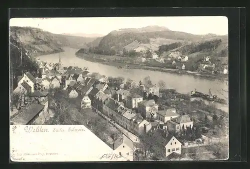 AK Wehlen / Sächs. Schweiz, Totalansicht mit Flusspartie