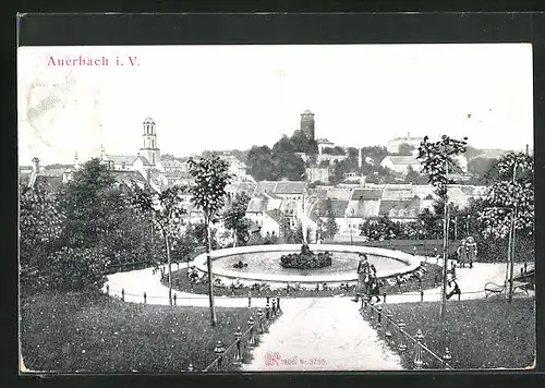 AK Auerbach i. V., Partie im Park, Springbrunnen