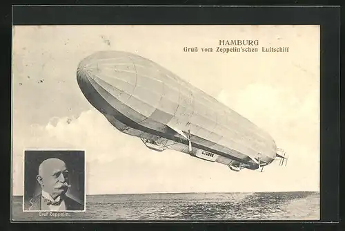 AK Hamburg, Luftschiff über einem Gewässer, Graf Zeppelin
