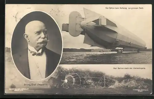AK Echterdingen, Luftschiff nach der Katastrophe, Portrait von Graf Zeppelin