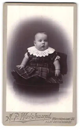 Fotografie A. P. Weishaupt, Kjöbenhavn, Montergade 36, Baby im Kleid mit Spitzkragen