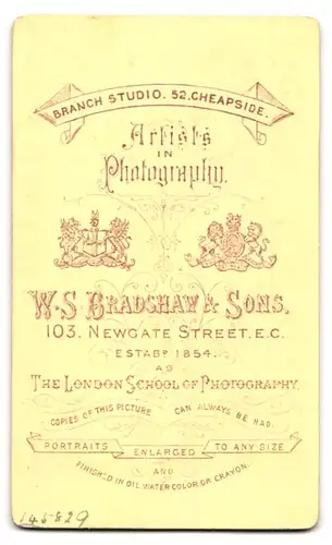 Fotografie W.S. Bradshaw & Sons, London, 103 Newgate Street, Frau in hochschliessendem Kleid