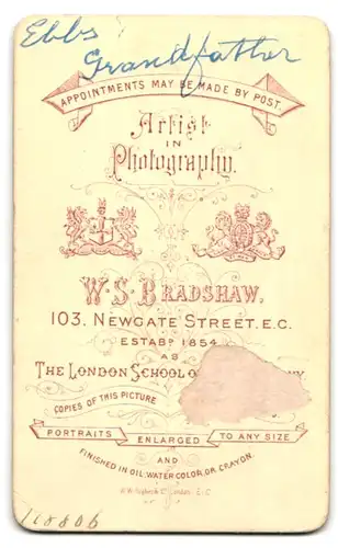 Fotografie W.S. Bradshaw, London, 103 Newgate Street, gestandener Herr mit Vollbart