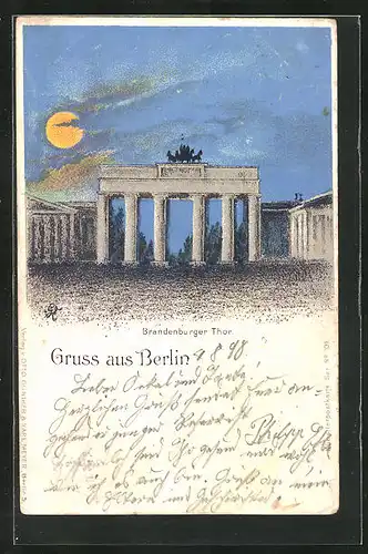 Lithographie Berlin, Brandenburger Thor bei Vollmond