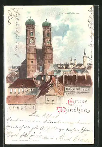 Lithographie München, Frauenkirche im Stadtbild