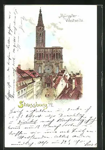 Lithographie Strassburg i. E., Münster von der Westseite