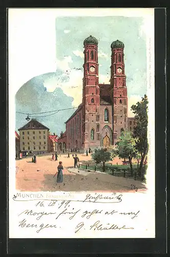 Lithographie München, Passanten bei der Frauenkirche