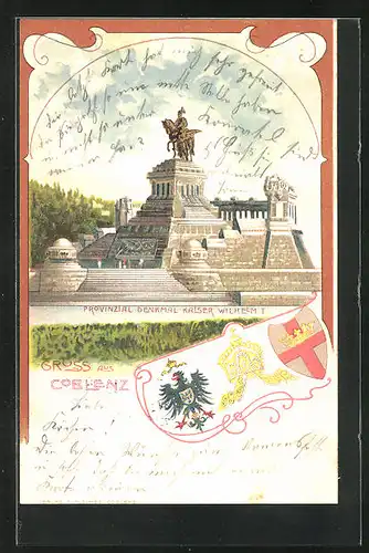 Lithographie Coblenz, Provinzial Denkmal Kaiser Wilhelm I, Wappen