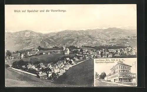 AK Speicher, Gasthaus Birt, Ortsansicht mit Vorarlberge