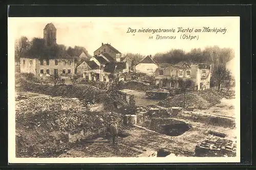 AK Domnau, niedergebranntes Viertel am Marktplatz