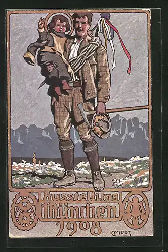 Künstler-AK Carl Moos: München, Ausstellung 1908, Bergsteiger mit Münchener Kindl