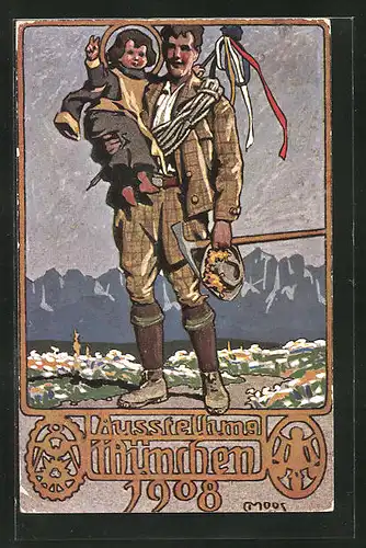 Künstler-AK Carl Moos: München, Ausstellung 1908, Bergsteiger mit Münchener Kindl, Berge