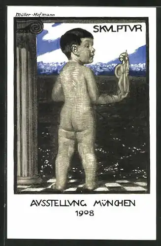 Künstler-AK sign. Müller Hofmann: München, Ausstellung 1908, Kleines Kind hält eine Skulptur