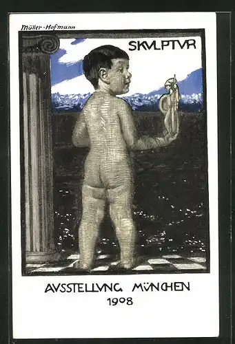 Künstler-AK sign. Müller Hofmann: München, Ausstellung 1908, Kleines Kind hält eine Skulptur