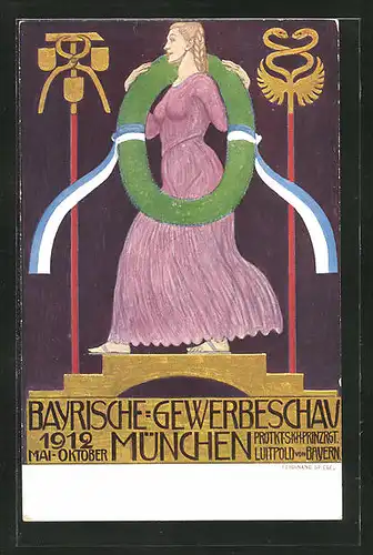 Künstler-AK Ferdinand Spiegel: München, Bayrische-Gewerbeschau-Ausstellung 1912, Frau im Kleid mit Kranz