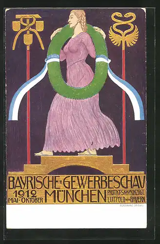 Künstler-AK Ferdinand Spiegel: München, Bayrische-Gewerbeschau-Ausstellung 1912, Frau im Kleid mit Kranz