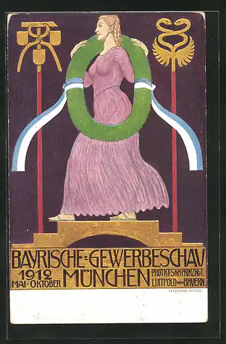 Künstler-AK Ferdinand Spiegel: München, Bayrische-Gewerbeschau-Ausstellung 1912, Frau im Kleid mit Kranz