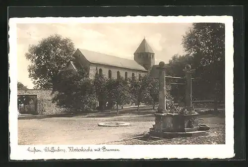 AK Giessen, Schiffenberg, Klosterkirche mit Brunnen