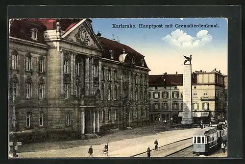 AK Karlsruhe, Hauptpost mit Grenadierdenkmal, Strassenbahn