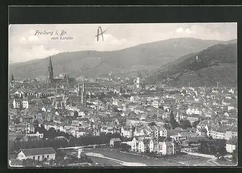 AK Freiburg i. Br., Totalansicht mit Kirchturm vom Loretto