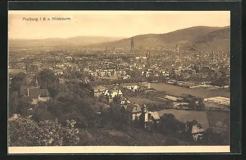 AK Freiburg i. B., Gesamtansicht mit Kirchturm vom Hildaturm
