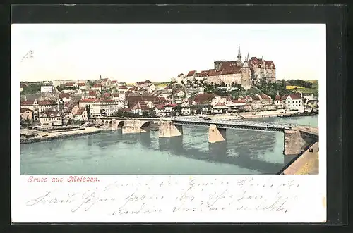 AK Meissen, Totalansicht mit Brücke und Kirche