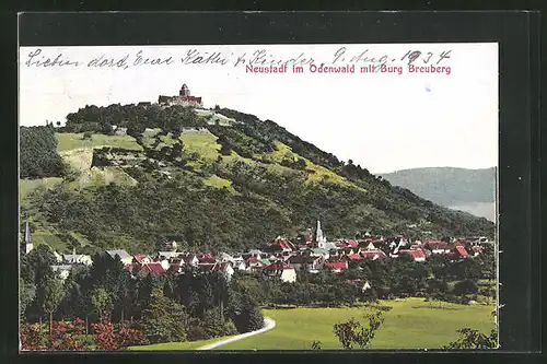 AK Neustadt i. Odenwald, Ortsansicht mit Kirche und Burg Breuberg