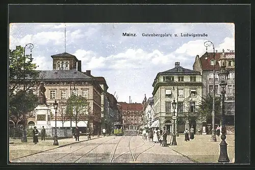 AK Mainz, Gutenbergplatz und Ludwigstrasse mit Strassenbahn