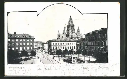 AK Mainz, Gutenbergplatz mit Denkmal