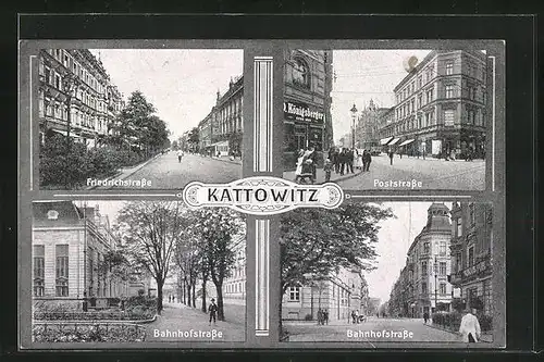 AK Kattowitz, Poststrasse, Bahnhofstrasse