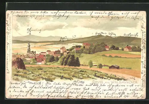 Lithographie Waldmünchen, Ortsansicht