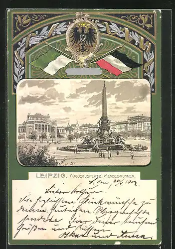 Passepartout-Lithographie Leipzig, Augustusplatz mit Mendebrunnen