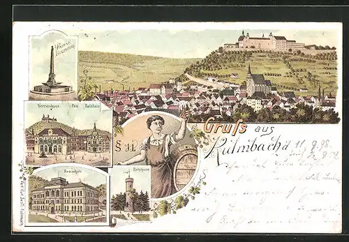 Lithographie Kulmbach, Rehturm, Realschule, Verenshaus mit Post und Rathaus