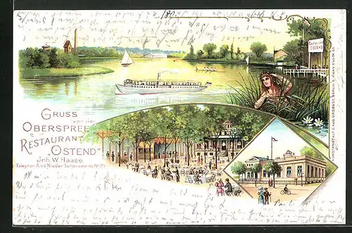 Lithographie Berlin-Niederschöneweide, Restaurant Ostend mit Terrasse, Dampfer