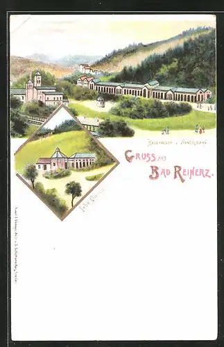 Lithographie Bad Reinerz, Laue Quelle, Badehäuser & Wandelbahn