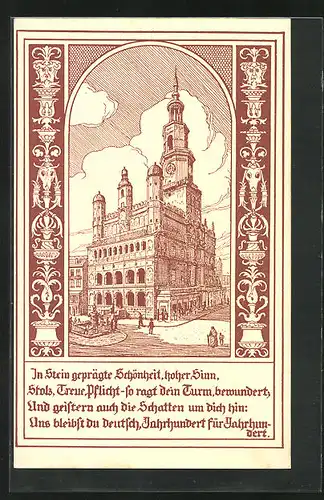 Künstler-AK Posen / Poznan, Rathaus mit Spruch