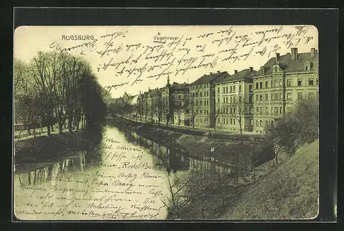 AK Augsburg, Flusspartie mit Vogelmauer