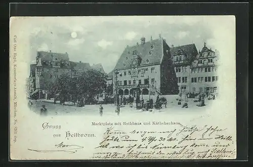 Mondschein-AK Heilbronn, Marktplatz mit Rathaus und Kätchenhaus