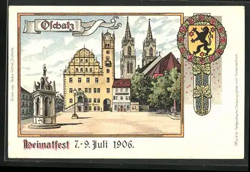 Lithographie Oschatz, Heimatfest 7.-9. Juli 1906, Rathaus mit Gasthof Ratskeller, Festpostkarte