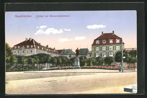 AK Saarbrücken, Schloss mit Bismarckdenkmal