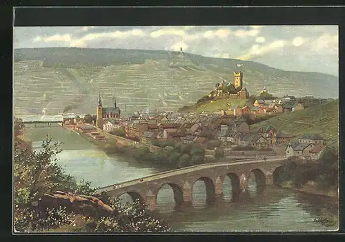 Künstler-AK Bingen, Ortsansicht mit Burg Klopp und Drususbrücke