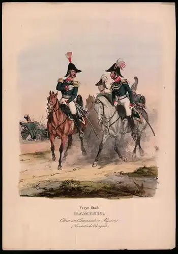 Lithographie Freie Stadt Hamburg, Obrist & Commandant, Altkolorierte Lithographie aus Eckert und Monten um 1840
