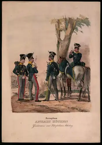 Lithographie Herzogthum Anhalt Köthen, Gendarmerie, Altkolorierte Lithographie aus Eckert und Monten um 1840, 37 x 26cm