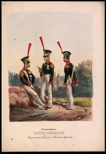Lithographie Fürstenthum, Lippe Detmold, Regiments Tambour, Altkolorierte Lithographie aus Eckert und Monten um 1840