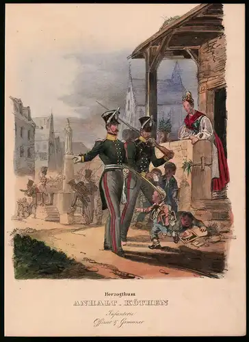 Lithographie Herzogthum Anhalt-Köthen, Infanterie, Altkolorierte Lithographie aus Eckert & Monten um 1840, 33 x 24cm