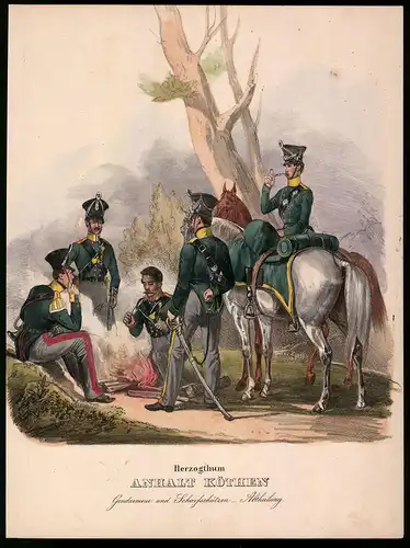 Lithographie Herzogthum Anhalt Köthen, Gendarmerie, Altkolorierte Lithographie aus Eckert & Monten um 1840, 33 x 25cm